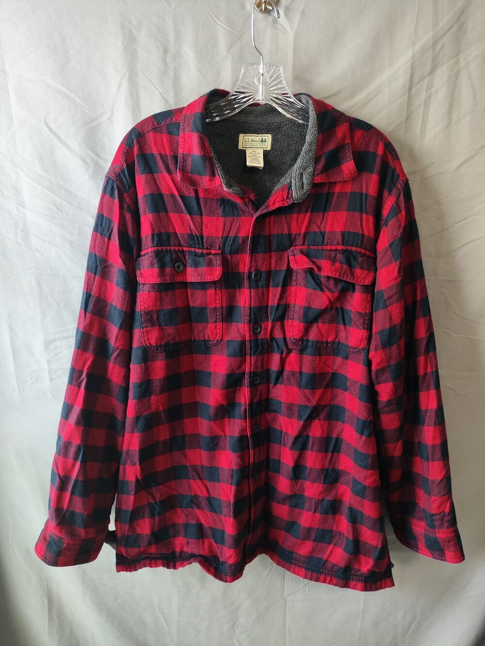 LL Bean Jacket Mens Large Red Black Buffalo Plaid Fleece Lined Flannel Outdoors
